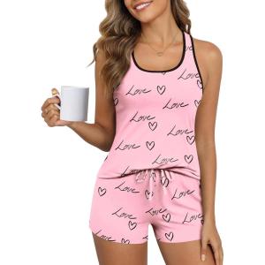 Ekouaer Womens Tank Top Pajama Set Comfy Sleeveless Sleepwear Racerback Cami and Shorts Pjs 2 Piece Summer Loungewear(Pink Love)