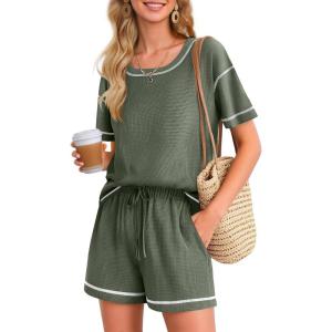 Ekouaer Women’s Waffle Knit Two Piece Lounge Set, Soft Matching Outfits for Daily Wear, Casual Shorts Set with Pocket(Army Green)