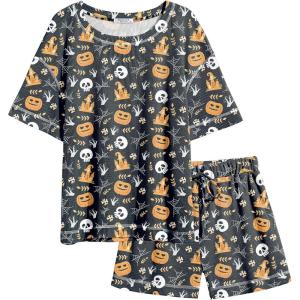 Ekouaer Women’s Waffle Knit Two Piece Lounge Set, Soft Matching Outfits for Daily Wear, Casual Shorts Set with Pocket(Black Pumpkin Print)