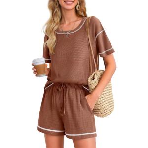 Ekouaer Women’s Waffle Knit Two Piece Lounge Set, Soft Matching Outfits for Daily Wear, Casual Shorts Set with Pocket(Caramel Colour)