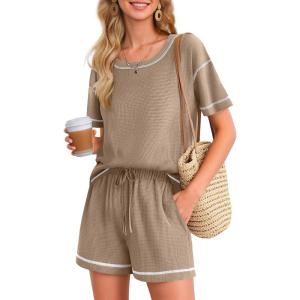 Ekouaer Women’s Waffle Knit Two Piece Lounge Set, Soft Matching Outfits for Daily Wear, Casual Shorts Set with Pocket(Khaki)