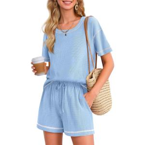 Ekouaer Women’s Waffle Knit Two Piece Lounge Set, Soft Matching Outfits for Daily Wear, Casual Shorts Set with Pocket(Light Blue)