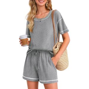 Ekouaer Women’s Waffle Knit Two Piece Lounge Set, Soft Matching Outfits for Daily Wear, Casual Shorts Set with Pocket(Light Gray)