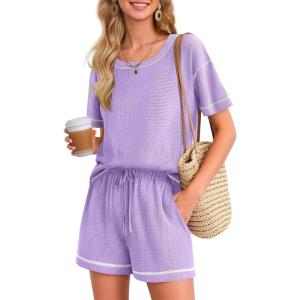 Ekouaer Women’s Waffle Knit Two Piece Lounge Set, Soft Matching Outfits for Daily Wear, Casual Shorts Set with Pocket(Lilac)