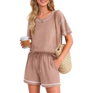 Ekouaer Women’s Waffle Knit Two Piece Lounge Set, Soft Matching Outfits for Daily Wear, Casual Shorts Set with Pocket(Lotus Root Starch)