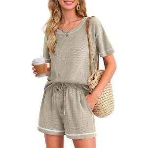 Ekouaer Women’s Waffle Knit Two Piece Lounge Set, Soft Matching Outfits for Daily Wear, Casual Shorts Set with Pocket(Moon Gray)
