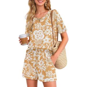 Ekouaer Women’s Waffle Knit Two Piece Lounge Set, Soft Matching Outfits for Daily Wear, Casual Shorts Set with Pocket(Orange Flowers)
