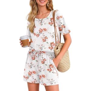 Ekouaer Women’s Waffle Knit Two Piece Lounge Set, Soft Matching Outfits for Daily Wear, Casual Shorts Set with Pocket(Pink Flowers)