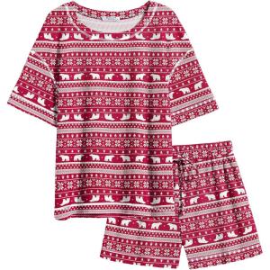 Ekouaer Women’s Waffle Knit Two Piece Lounge Set, Soft Matching Outfits for Daily Wear, Casual Shorts Set with Pocket(Red Elk)