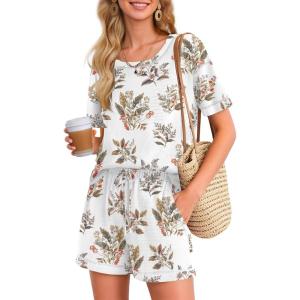 Ekouaer Women’s Waffle Knit Two Piece Lounge Set, Soft Matching Outfits for Daily Wear, Casual Shorts Set with Pocket(White Flowers)