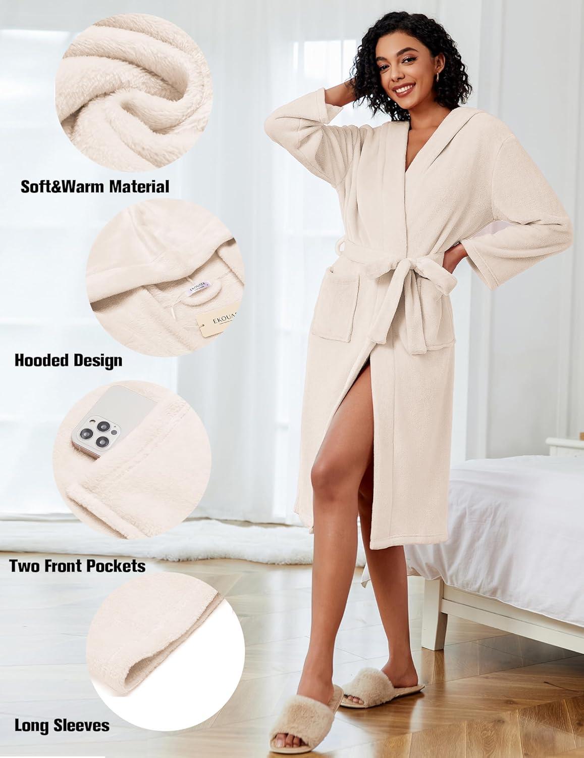 imageEkouaer Fleece Robes for Women with Hooded Warm Soft Cozy Long Plush Bathrobe SXXLBbeige