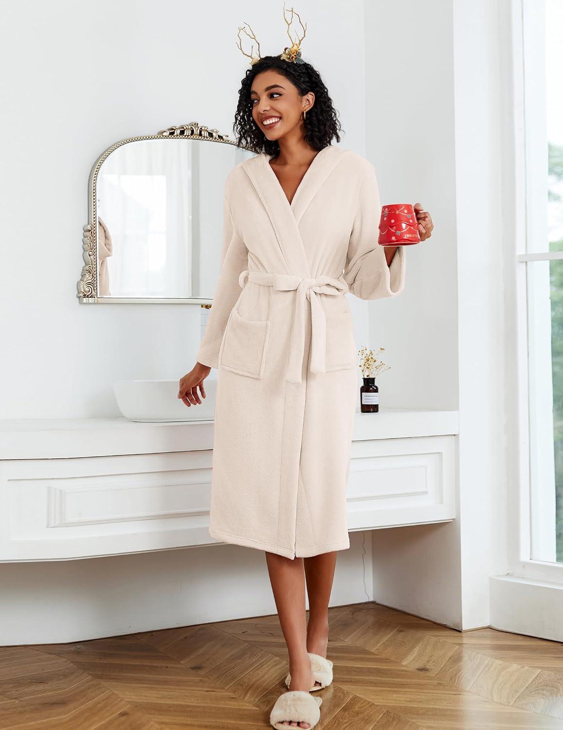 imageEkouaer Fleece Robes for Women with Hooded Warm Soft Cozy Long Plush Bathrobe SXXLBbeige