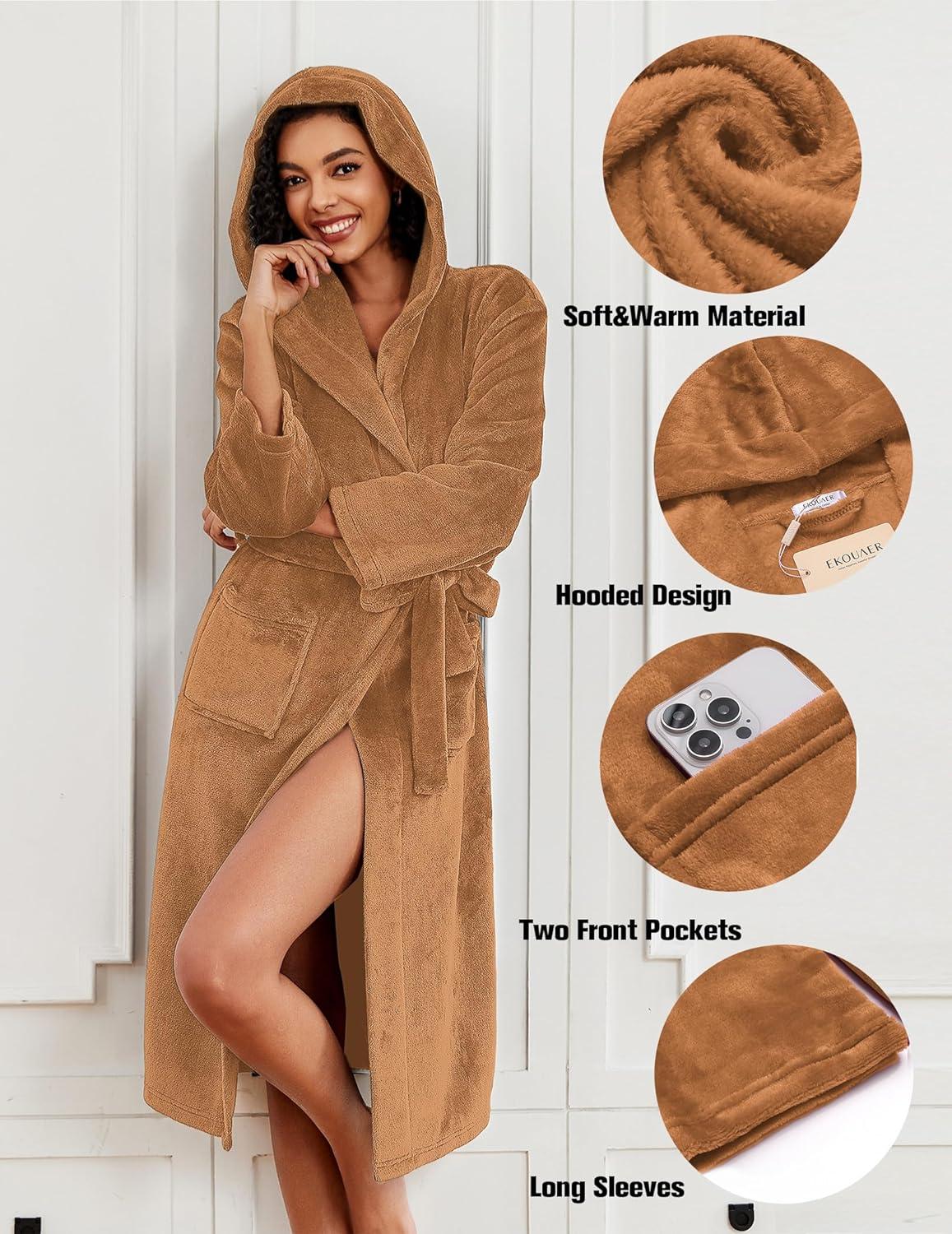 imageEkouaer Fleece Robes for Women with Hooded Warm Soft Cozy Long Plush Bathrobe SXXLBbrown