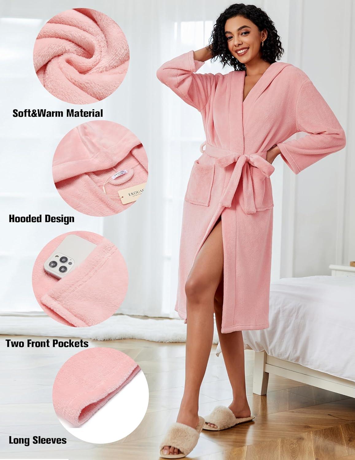 imageEkouaer Fleece Robes for Women with Hooded Warm Soft Cozy Long Plush Bathrobe SXXLBlight Pink