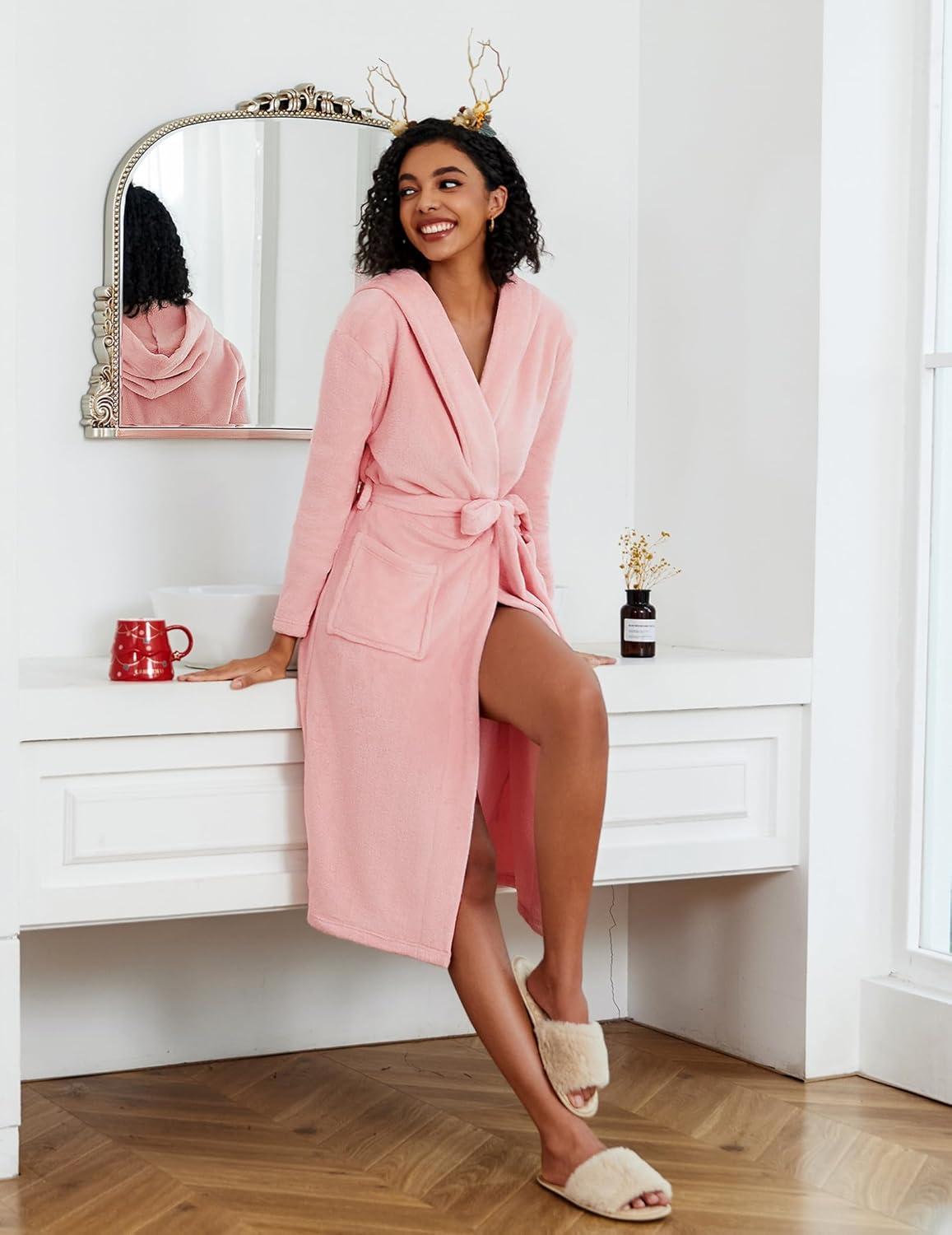 imageEkouaer Fleece Robes for Women with Hooded Warm Soft Cozy Long Plush Bathrobe SXXLBlight Pink