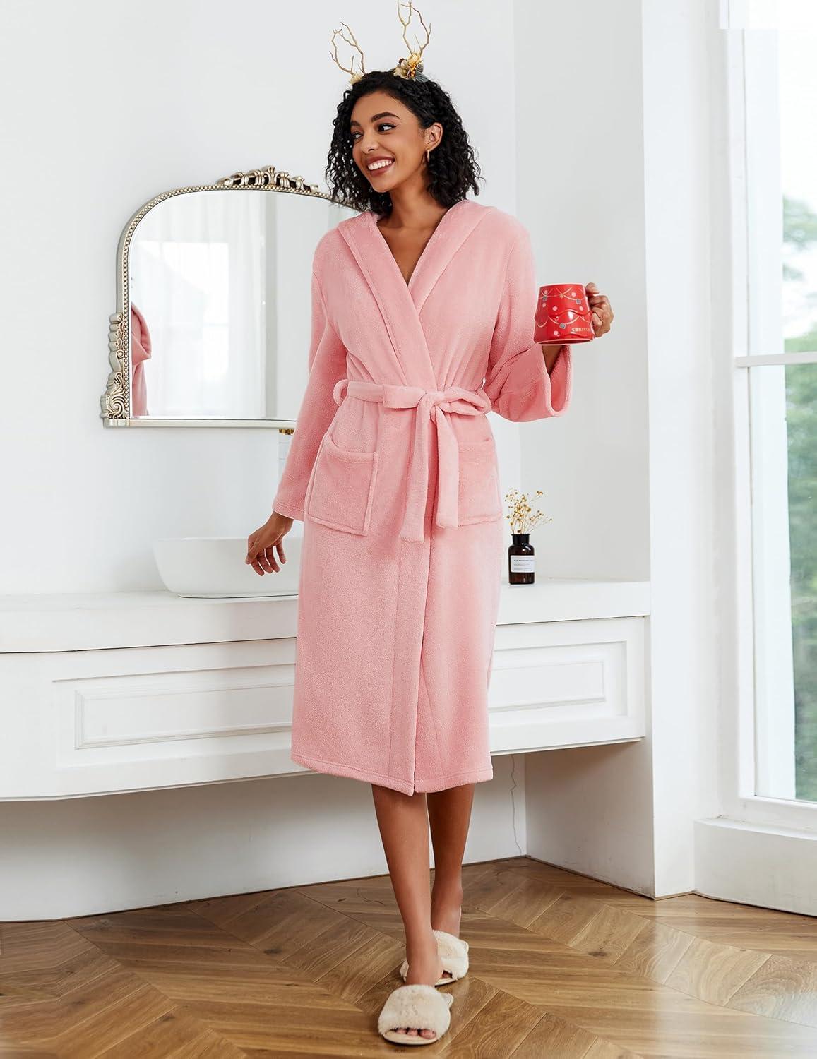 imageEkouaer Fleece Robes for Women with Hooded Warm Soft Cozy Long Plush Bathrobe SXXLBlight Pink