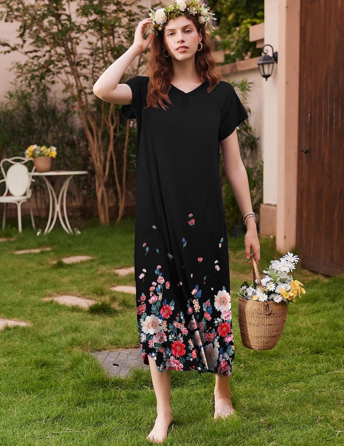 imageEkouaer Long Nightgown Womens Loungewear Short Sleeve Sleepwear Full Length Sleep Shirt with PocketsBlack Floral