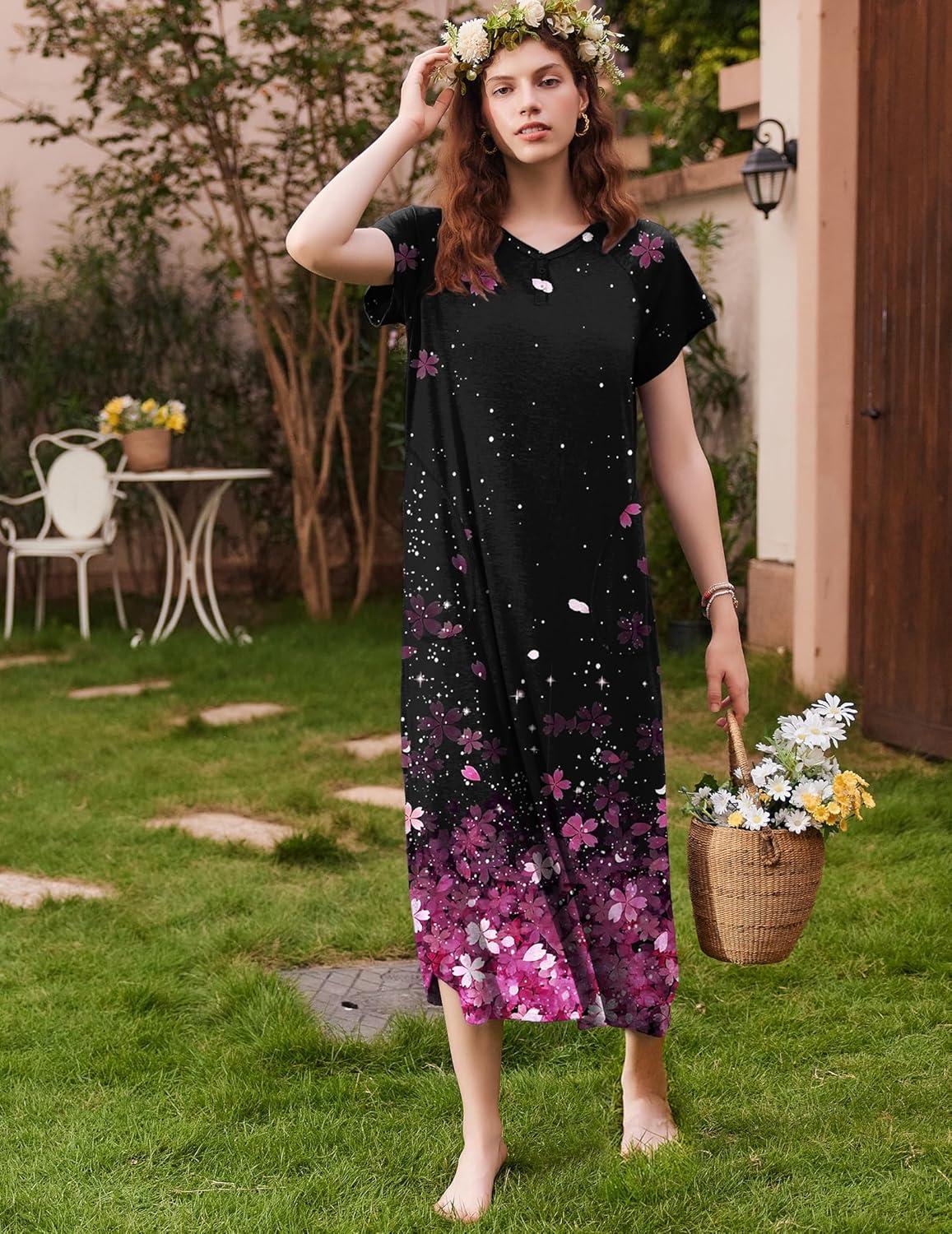 imageEkouaer Long Nightgown Womens Loungewear Short Sleeve Sleepwear Full Length Sleep Shirt with PocketsBlack Sakura