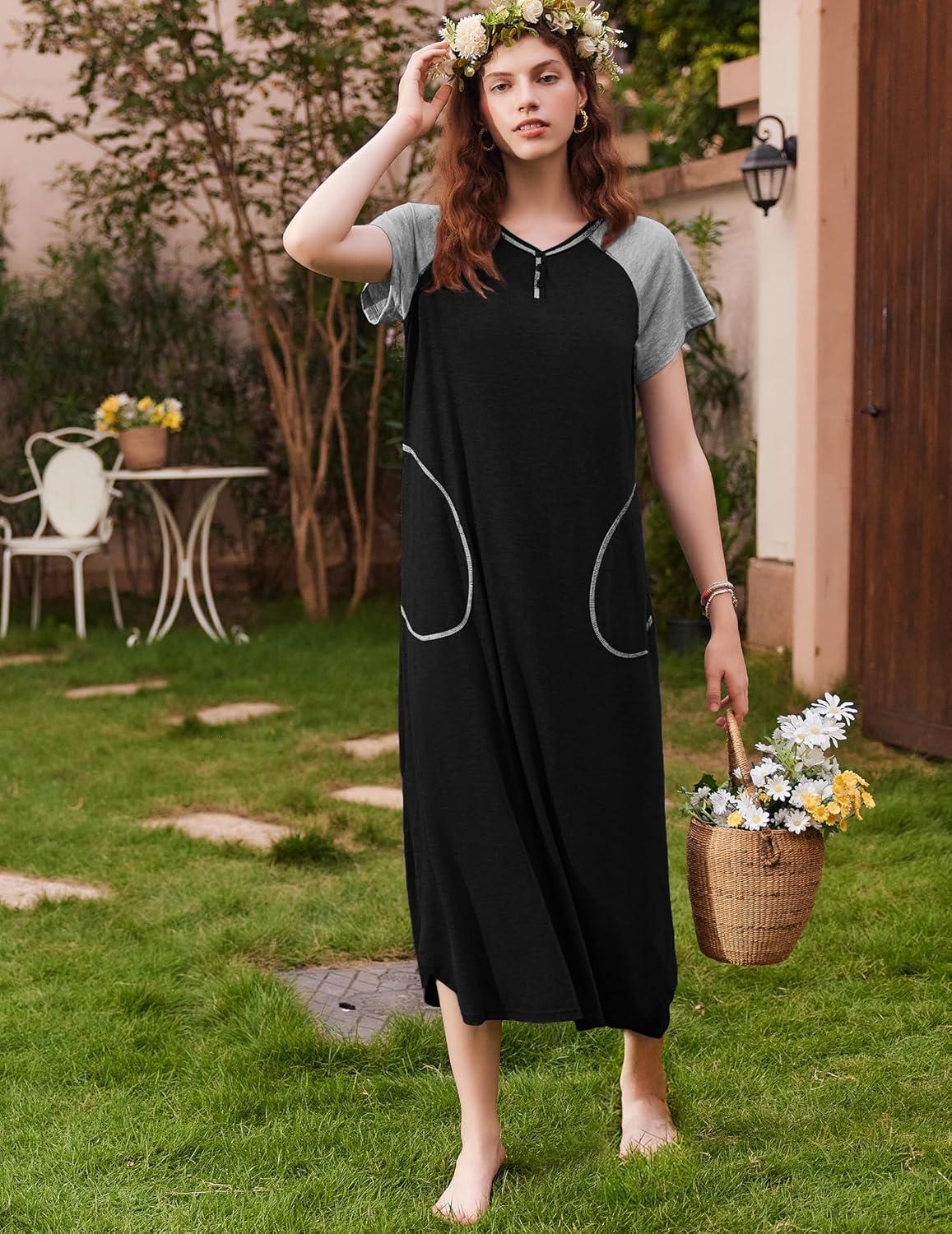 imageEkouaer Long Nightgown Womens Loungewear Short Sleeve Sleepwear Full Length Sleep Shirt with PocketsBlackGrey