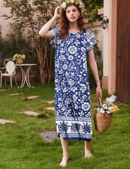 imageEkouaer Long Nightgown Womens Loungewear Short Sleeve Sleepwear Full Length Sleep Shirt with PocketsBlue Bohemian Flowers