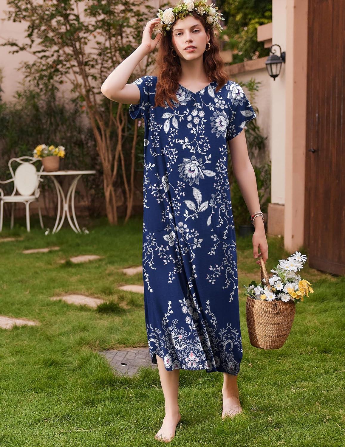 imageEkouaer Long Nightgown Womens Loungewear Short Sleeve Sleepwear Full Length Sleep Shirt with PocketsBlue Ethnic Flower