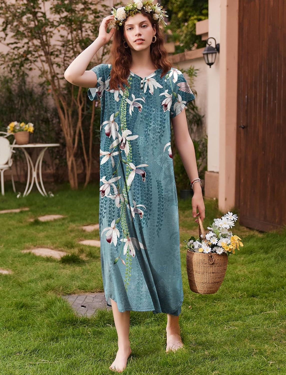 imageEkouaer Long Nightgown Womens Loungewear Short Sleeve Sleepwear Full Length Sleep Shirt with PocketsBlue Flower