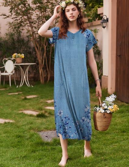 imageEkouaer Long Nightgown Womens Loungewear Short Sleeve Sleepwear Full Length Sleep Shirt with PocketsBlue Ink Flower