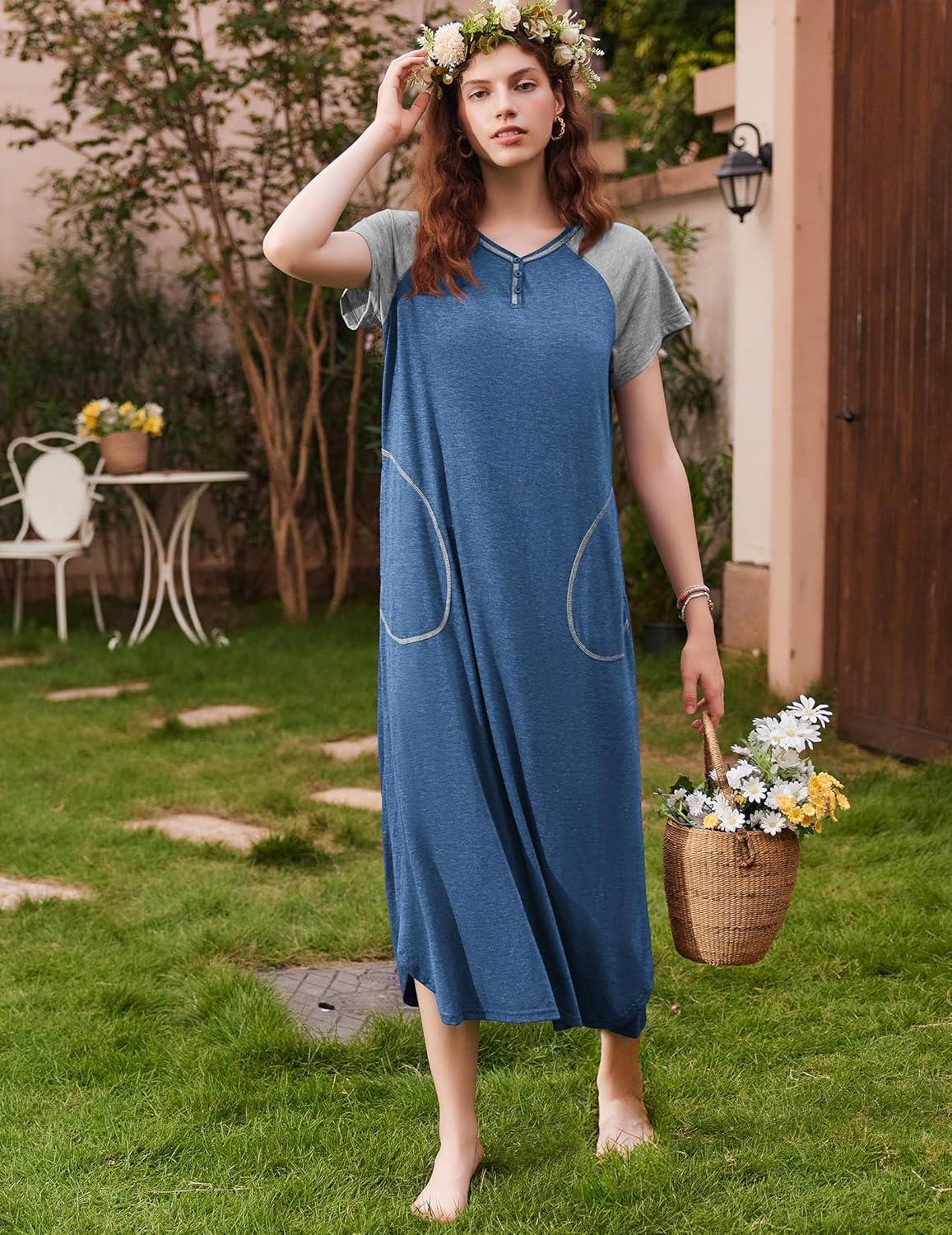 imageEkouaer Long Nightgown Womens Loungewear Short Sleeve Sleepwear Full Length Sleep Shirt with PocketsBlueGrey
