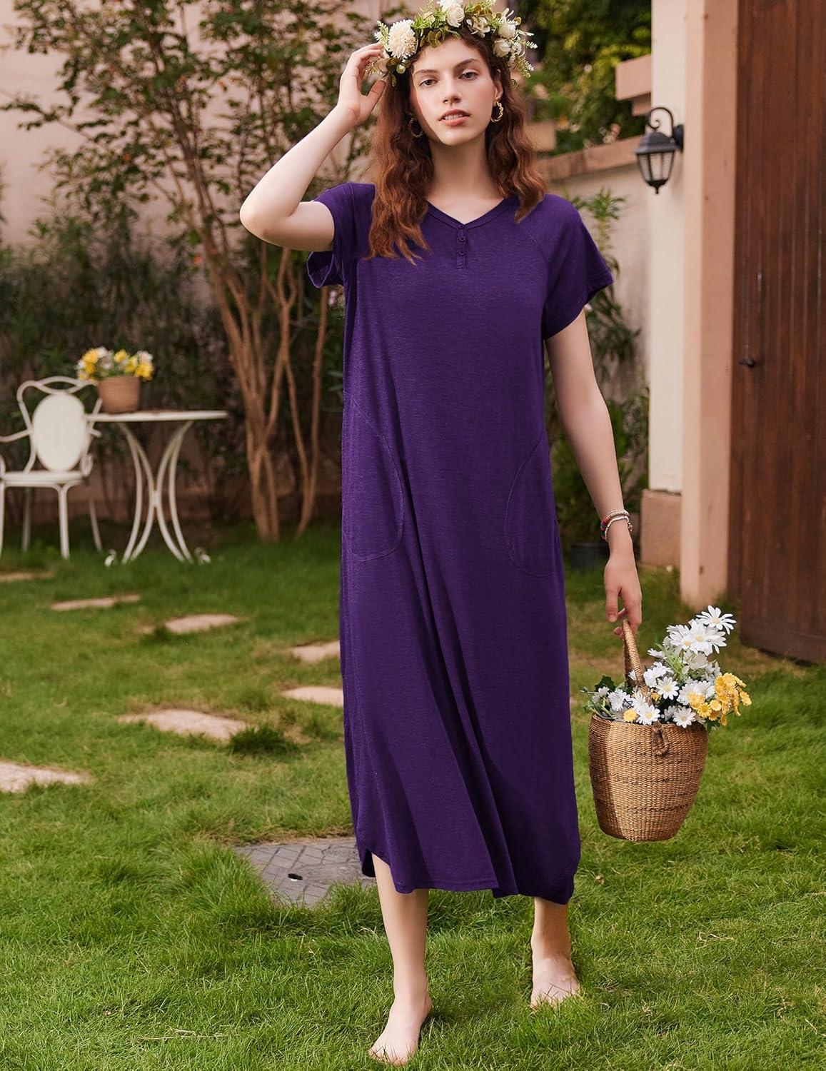 imageEkouaer Long Nightgown Womens Loungewear Short Sleeve Sleepwear Full Length Sleep Shirt with PocketsDark Violet