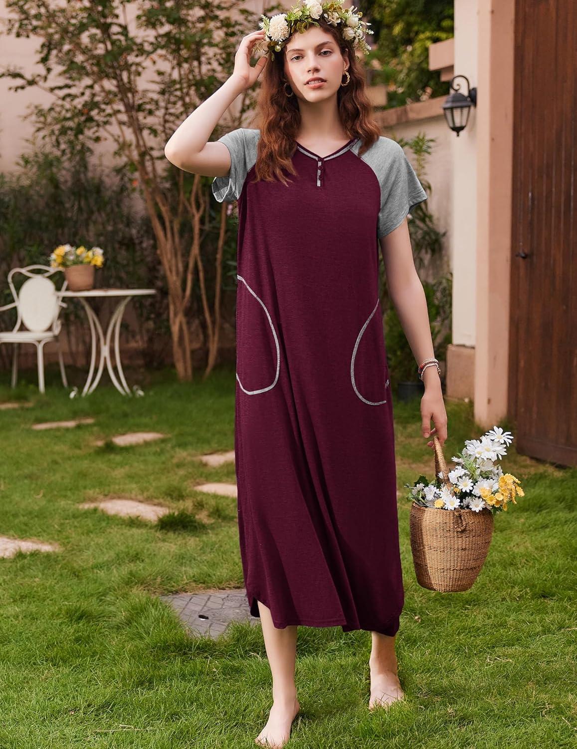 imageEkouaer Long Nightgown Womens Loungewear Short Sleeve Sleepwear Full Length Sleep Shirt with PocketsFuchsiaGrey
