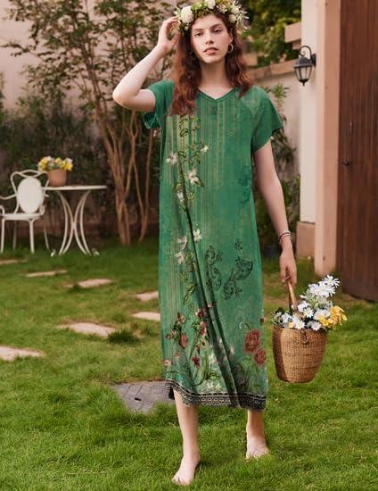 imageEkouaer Long Nightgown Womens Loungewear Short Sleeve Sleepwear Full Length Sleep Shirt with PocketsGreen Ethnic Style