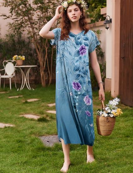 imageEkouaer Long Nightgown Womens Loungewear Short Sleeve Sleepwear Full Length Sleep Shirt with PocketsLight Blue Flower