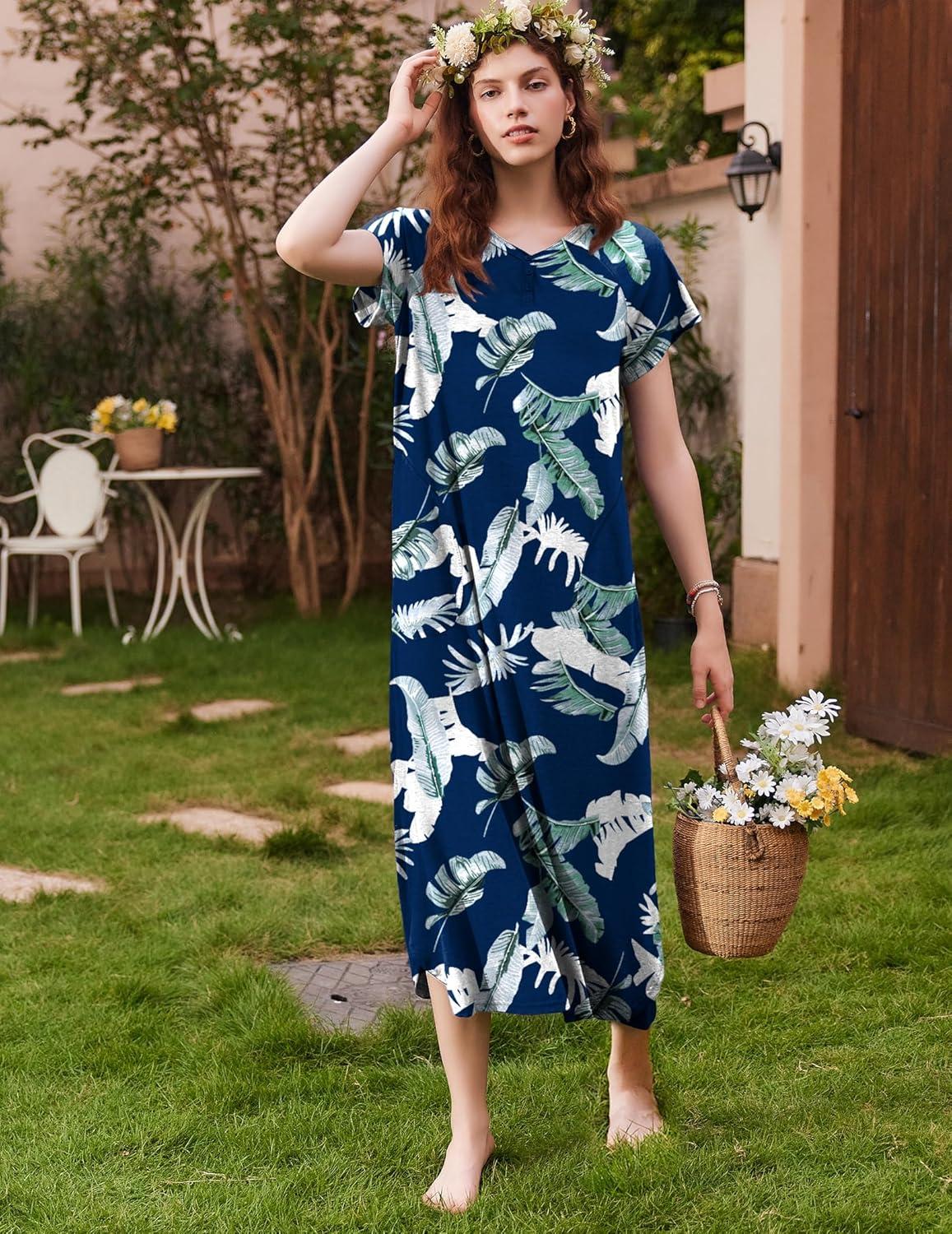 imageEkouaer Long Nightgown Womens Loungewear Short Sleeve Sleepwear Full Length Sleep Shirt with PocketsNavy Leaves