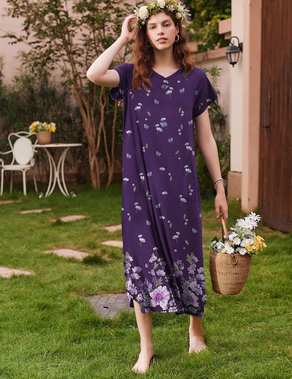 imageEkouaer Long Nightgown Womens Loungewear Short Sleeve Sleepwear Full Length Sleep Shirt with PocketsPurple Flower