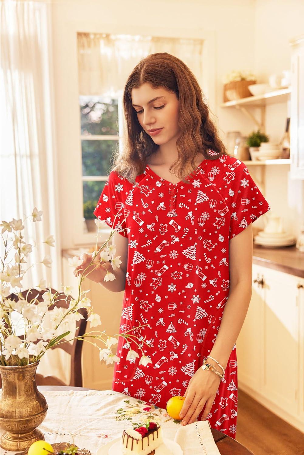 imageEkouaer Long Nightgown Womens Loungewear Short Sleeve Sleepwear Full Length Sleep Shirt with PocketsRed Christmas Tree