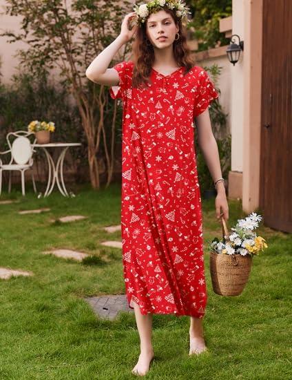 imageEkouaer Long Nightgown Womens Loungewear Short Sleeve Sleepwear Full Length Sleep Shirt with PocketsRed Christmas Tree