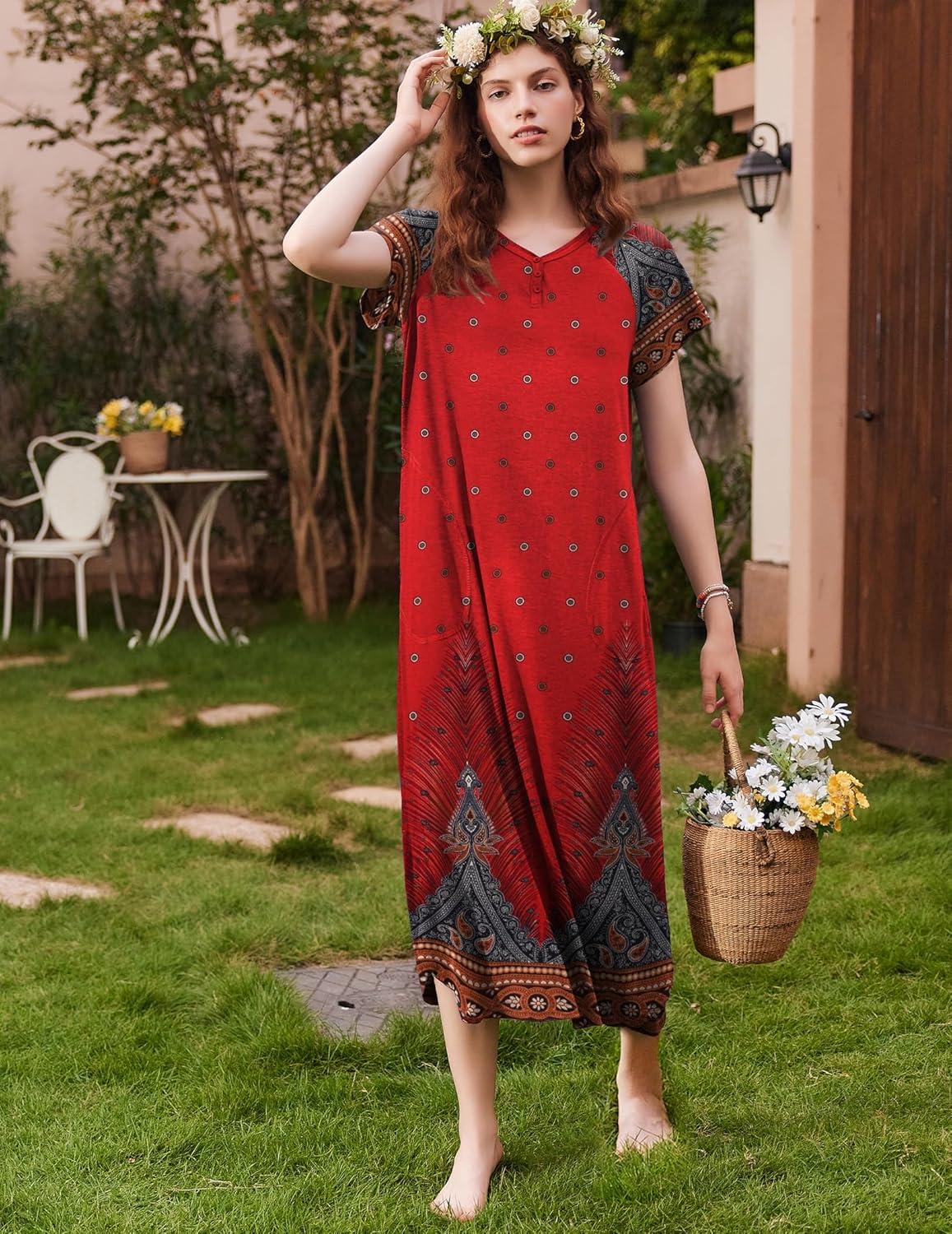 imageEkouaer Long Nightgown Womens Loungewear Short Sleeve Sleepwear Full Length Sleep Shirt with PocketsRed Ethnic Print
