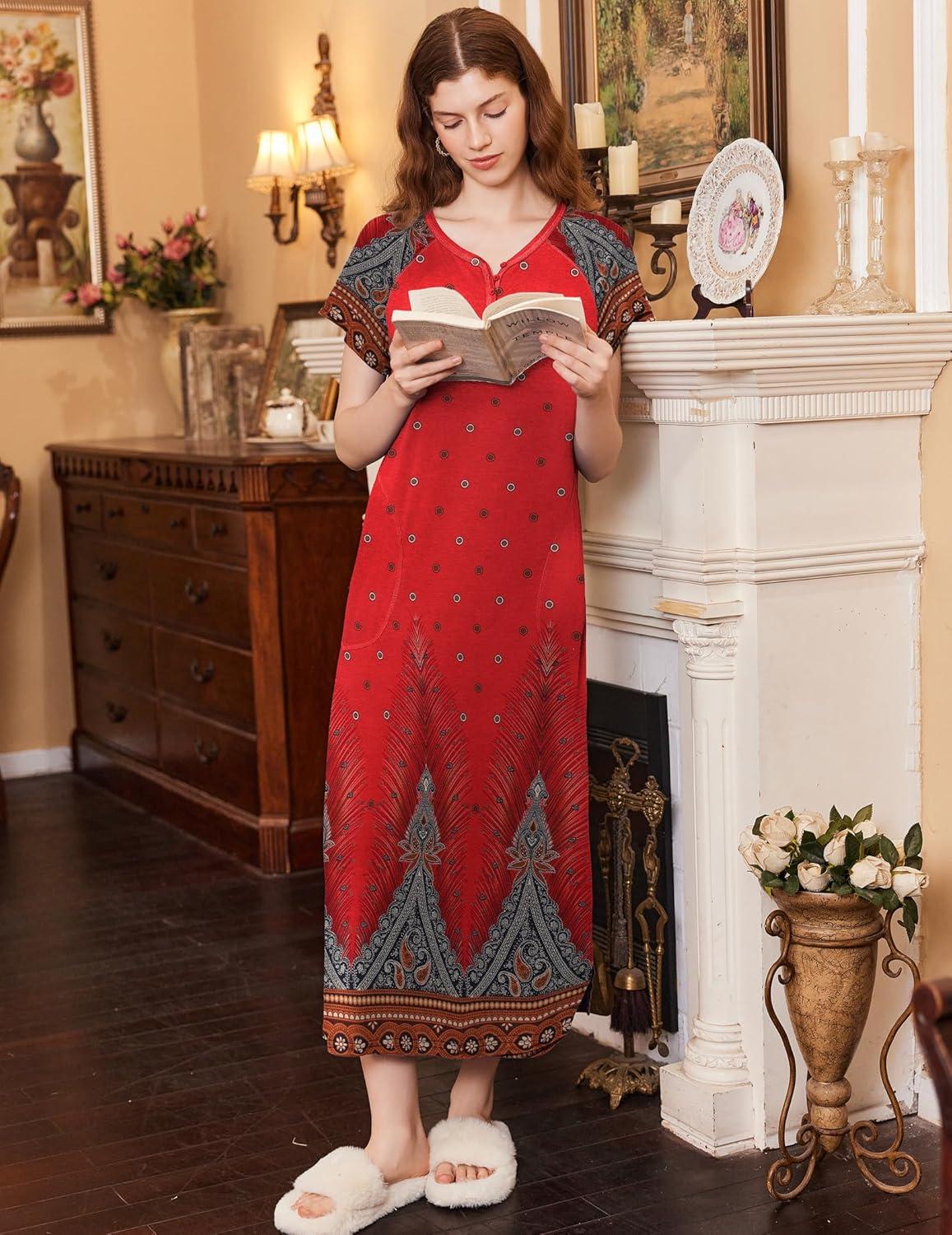 imageEkouaer Long Nightgown Womens Loungewear Short Sleeve Sleepwear Full Length Sleep Shirt with PocketsRed Ethnic Print