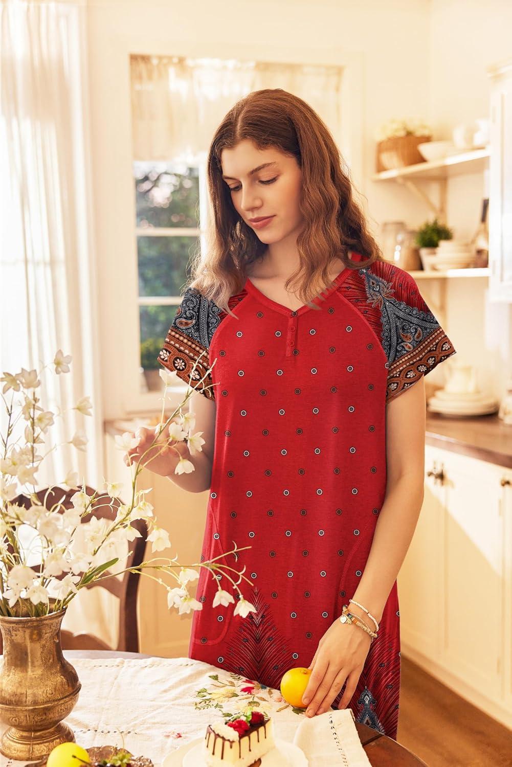 imageEkouaer Long Nightgown Womens Loungewear Short Sleeve Sleepwear Full Length Sleep Shirt with PocketsRed Ethnic Print