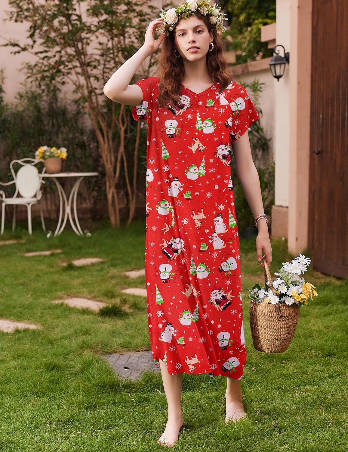 imageEkouaer Long Nightgown Womens Loungewear Short Sleeve Sleepwear Full Length Sleep Shirt with PocketsRed Snowman