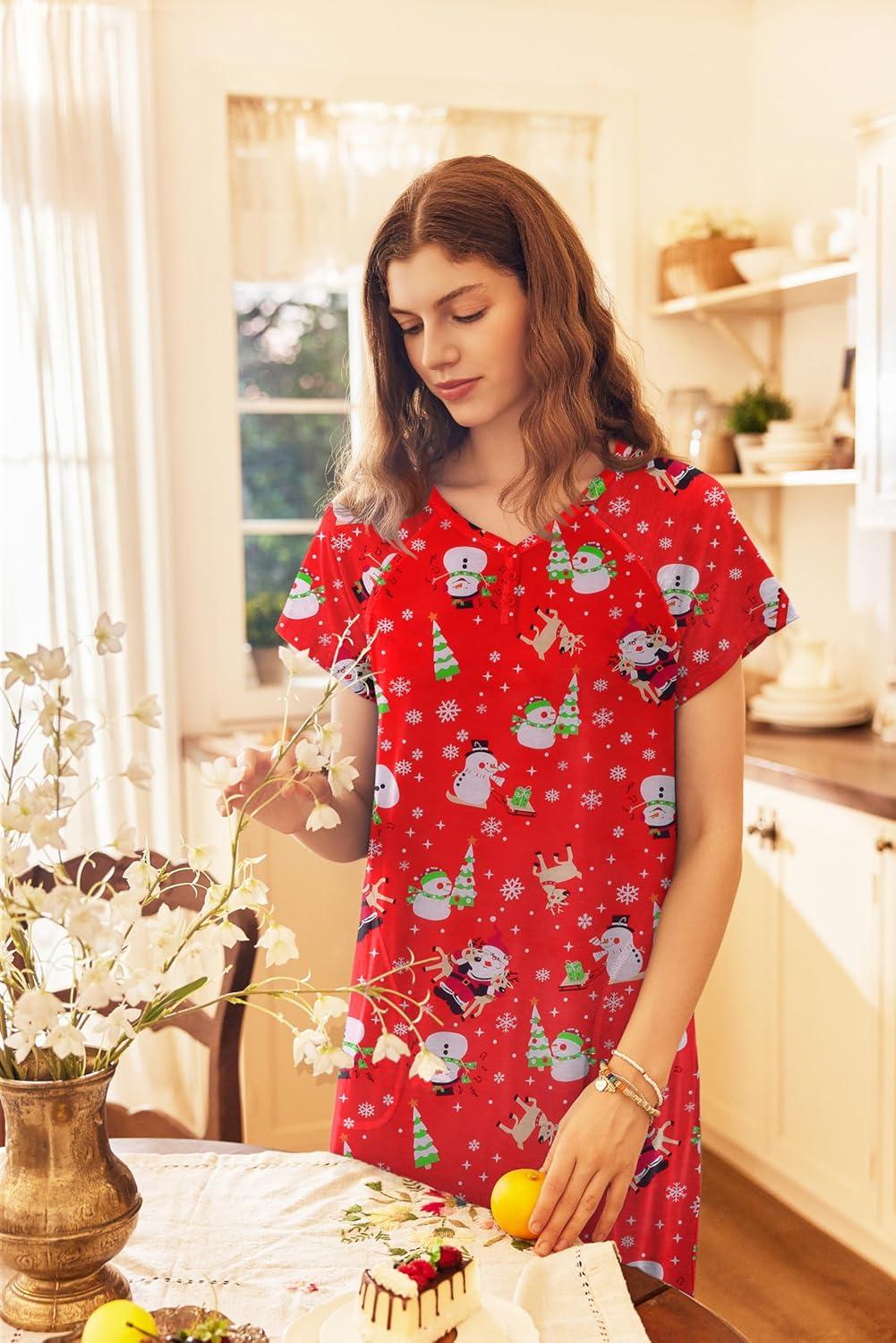 imageEkouaer Long Nightgown Womens Loungewear Short Sleeve Sleepwear Full Length Sleep Shirt with PocketsRed Snowman
