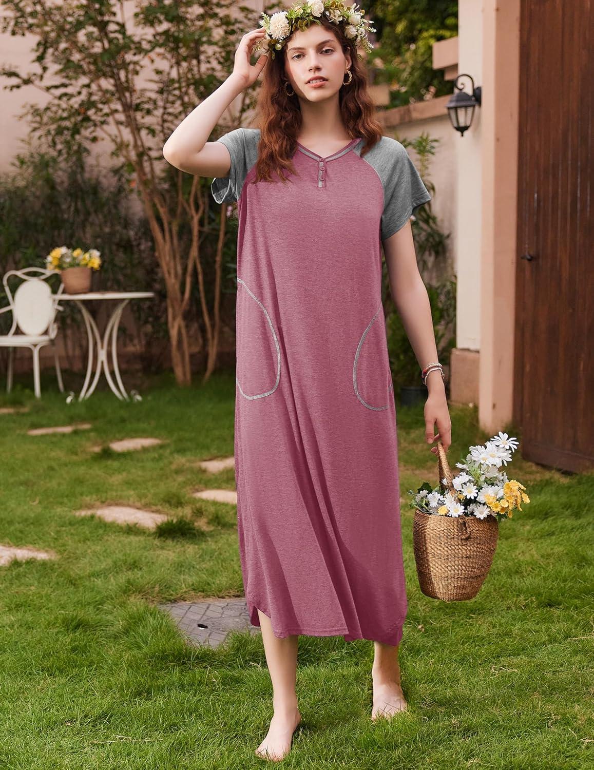 imageEkouaer Long Nightgown Womens Loungewear Short Sleeve Sleepwear Full Length Sleep Shirt with PocketsRedGrey