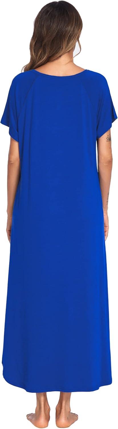 imageEkouaer Long Nightgown Womens Loungewear Short Sleeve Sleepwear Full Length Sleep Shirt with PocketsSnorkel Blue