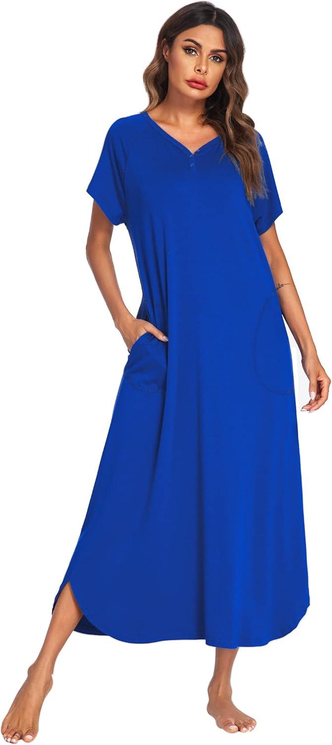 imageEkouaer Long Nightgown Womens Loungewear Short Sleeve Sleepwear Full Length Sleep Shirt with PocketsSnorkel Blue