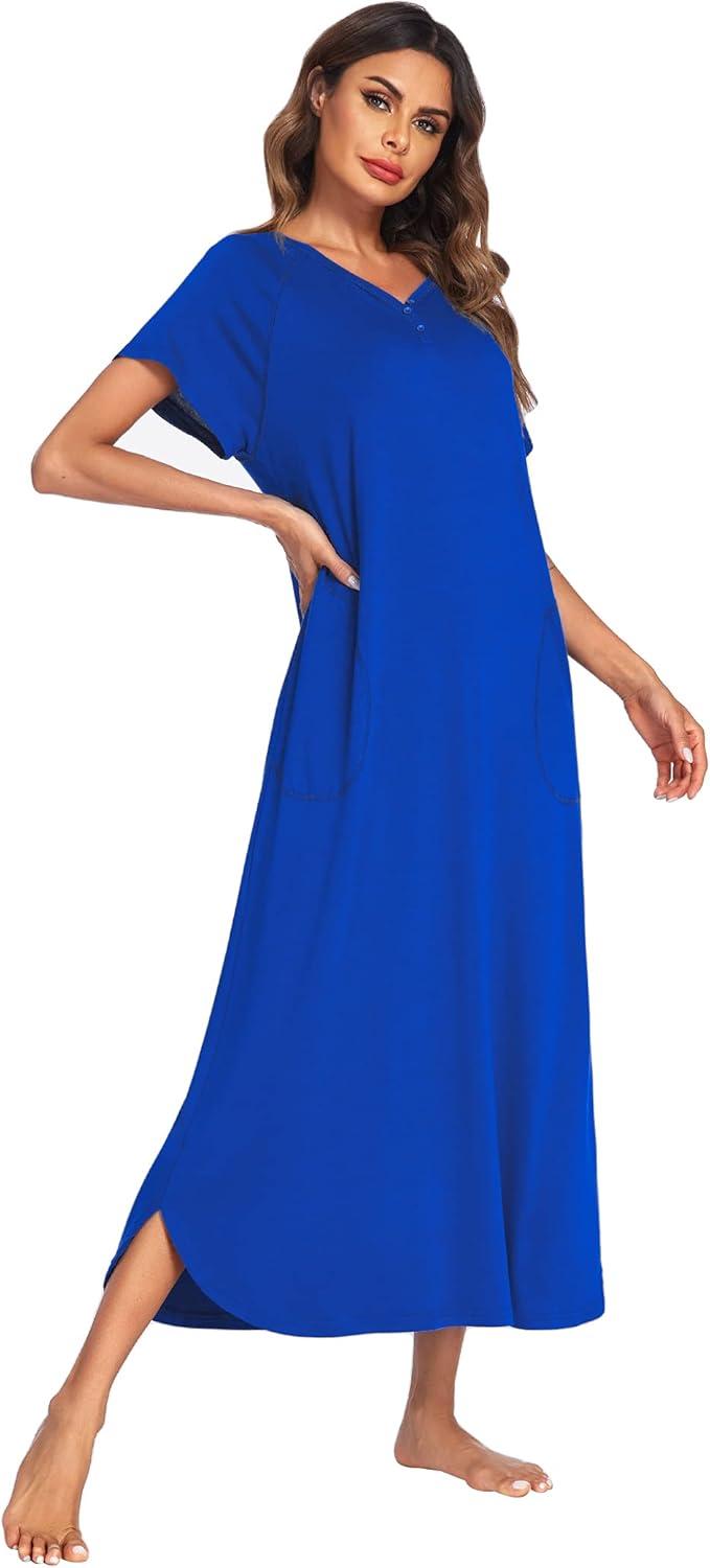 imageEkouaer Long Nightgown Womens Loungewear Short Sleeve Sleepwear Full Length Sleep Shirt with PocketsSnorkel Blue