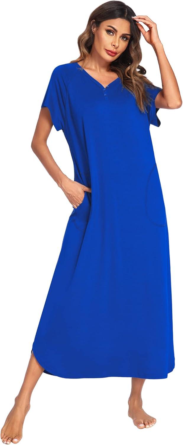 imageEkouaer Long Nightgown Womens Loungewear Short Sleeve Sleepwear Full Length Sleep Shirt with PocketsSnorkel Blue
