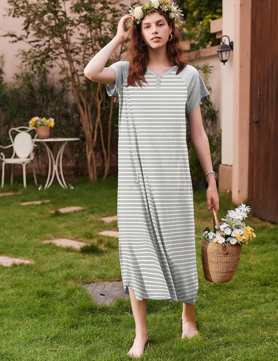 imageEkouaer Long Nightgown Womens Loungewear Short Sleeve Sleepwear Full Length Sleep Shirt with PocketsWhite Grey Stripe