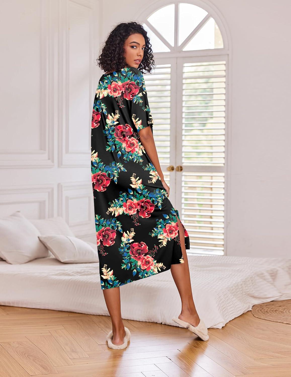 imageEkouaer Long Nightgown for Women Short Sleeve Sleepwear Plus Size Loungewear with Pockets M5XLBlack Floral