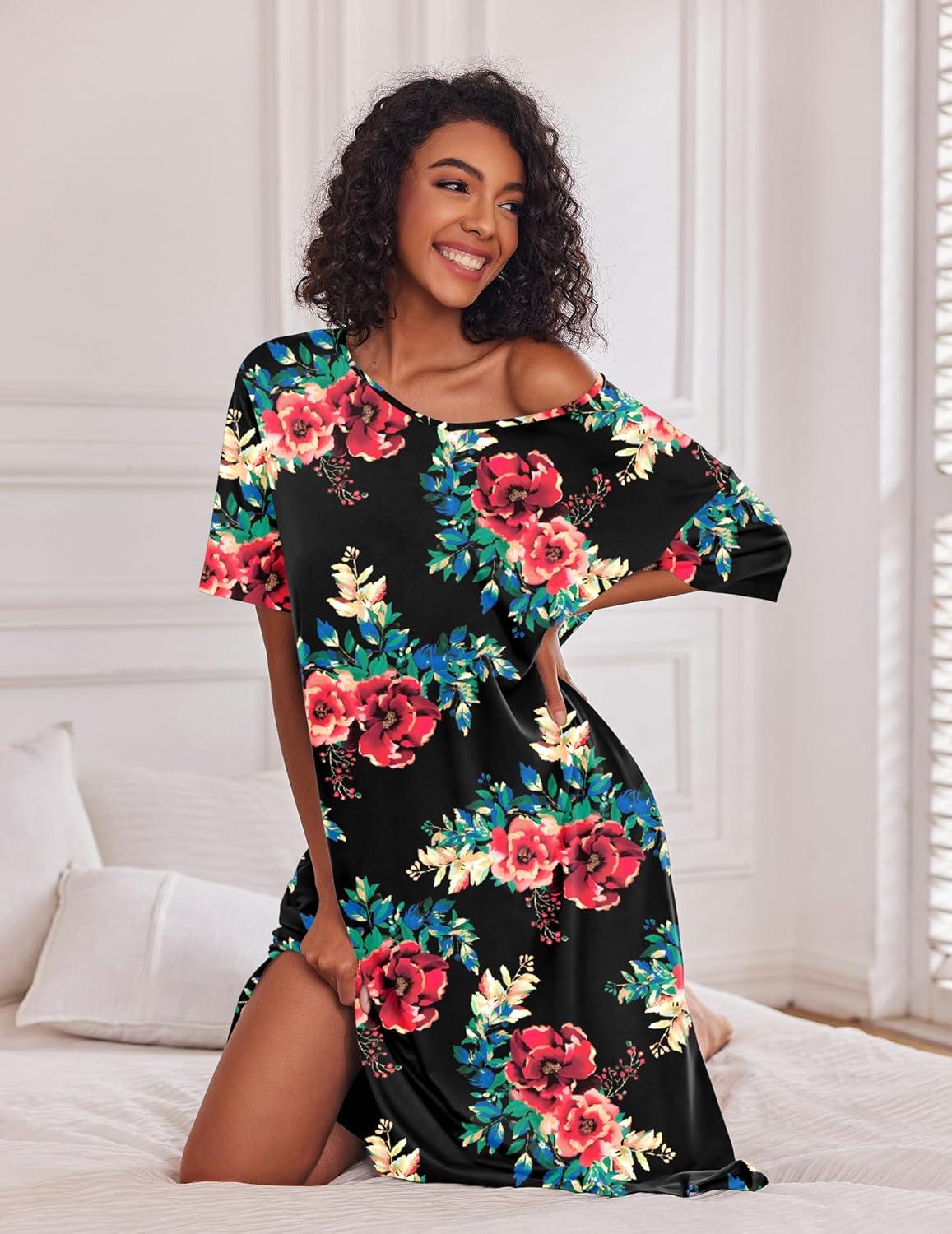 imageEkouaer Long Nightgown for Women Short Sleeve Sleepwear Plus Size Loungewear with Pockets M5XLBlack Floral