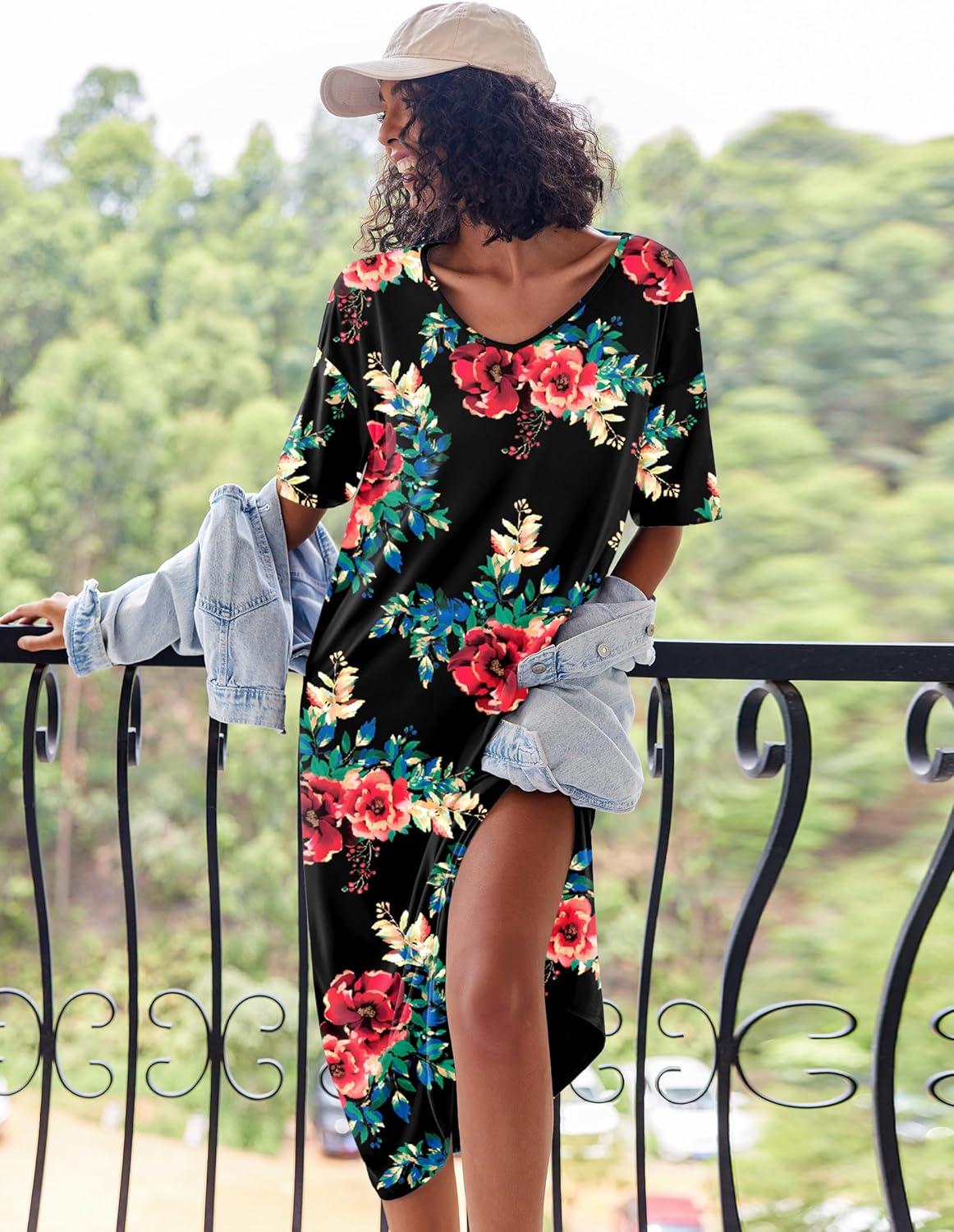 imageEkouaer Long Nightgown for Women Short Sleeve Sleepwear Plus Size Loungewear with Pockets M5XLBlack Floral